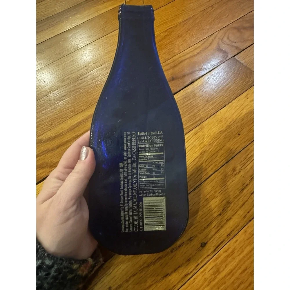 Vintage‎ Saratoga Flattened Blue water Bottle Wall Hanging Hook Upcycled Art